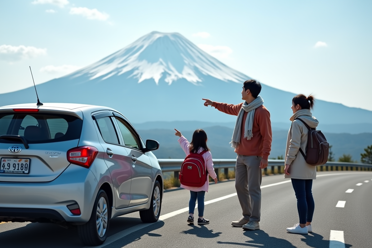 Famille japonaise devant leur voiture avec vue sur mont Fuji