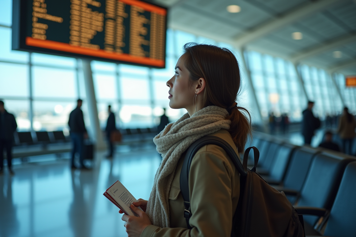 Jeune femme regardant le tableau des départs à l'aéroport