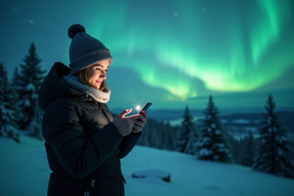 Femme en hiver regardant l'application sous les aurores