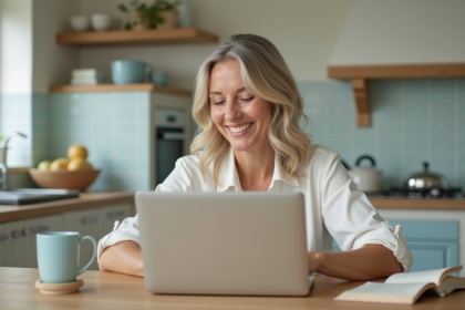 Femme souriante utilisant un ordinateur pour rechercher des locations vacances