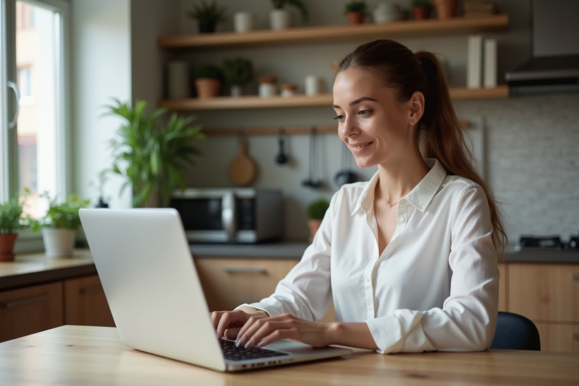 Jeune femme regardant un ordinateur pour réserver un voyage