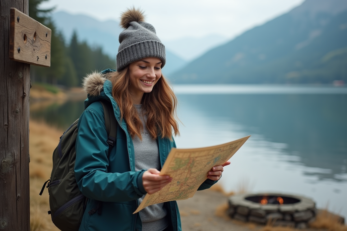 Jeune femme avec carte près d