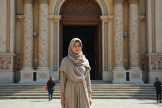 Femme devant la façade mosaïque de la cathédrale Monreale