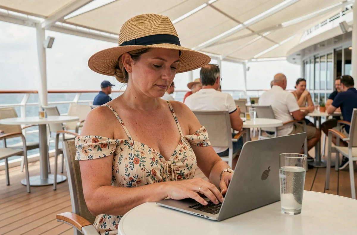 Femme comparant des offres de croisières sur un ordinateur portable sur le pont supérieur d'un navire