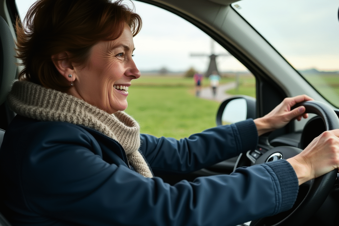 Femme souriante conduisant une voiture dans la campagne néerlandaise
