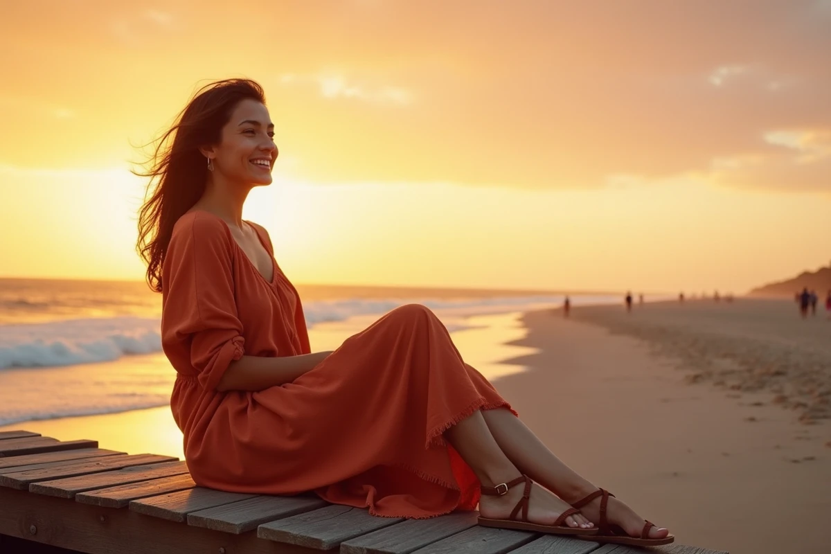 Femme assise sur une passerelle en bois face au coucher de soleil sur la plage de Pise, robe en lin terracotta et brise marine