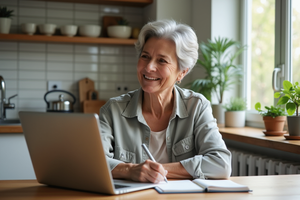 Femme souriante compare prix de location dans sa cuisine
