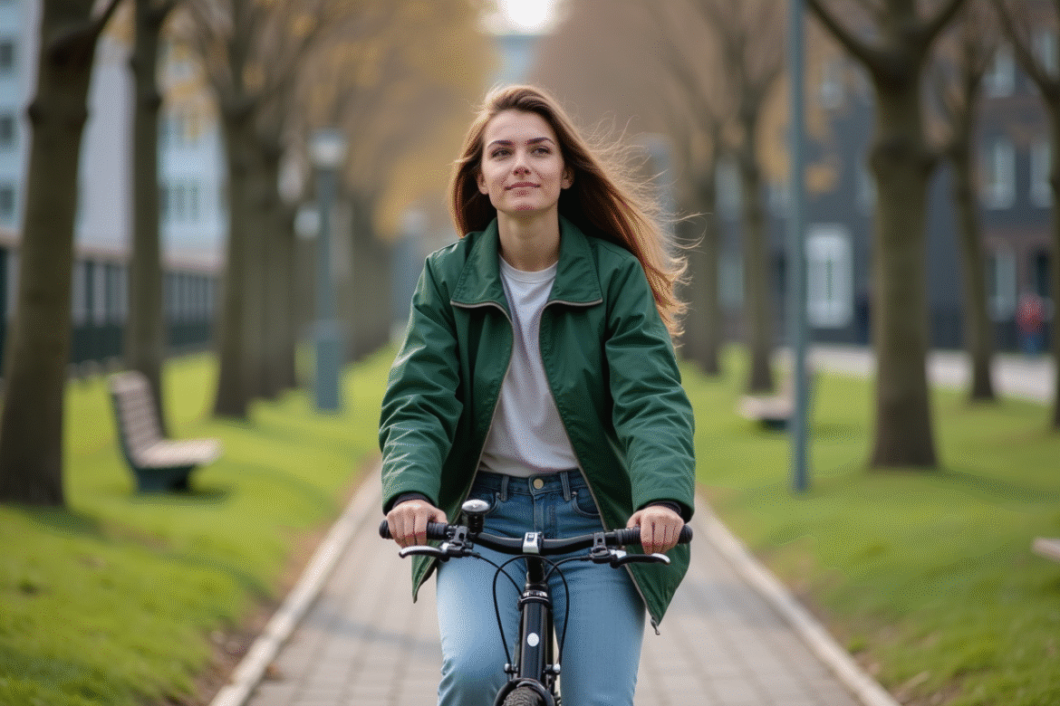 Jeune femme à vélo dans un environnement urbain calme