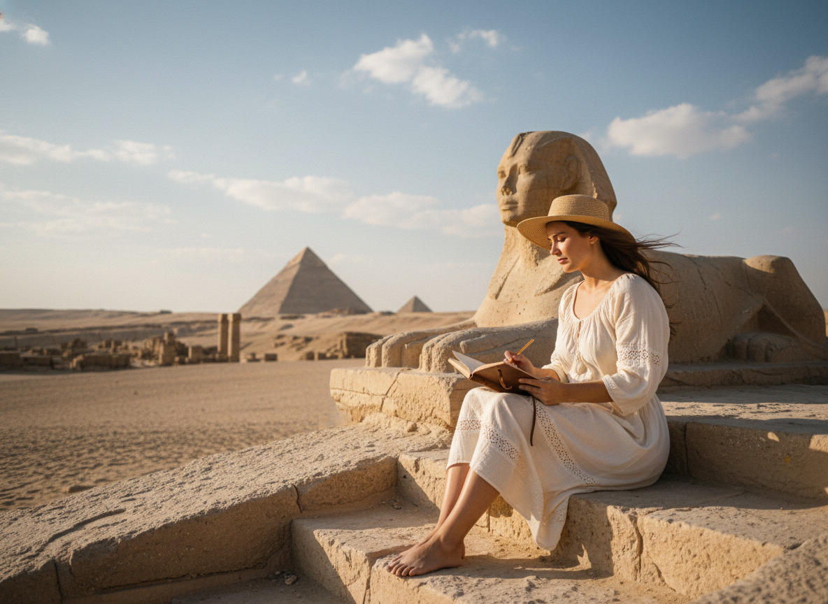 Jeune femme esquissant un dessin près du sphinx en Egypte