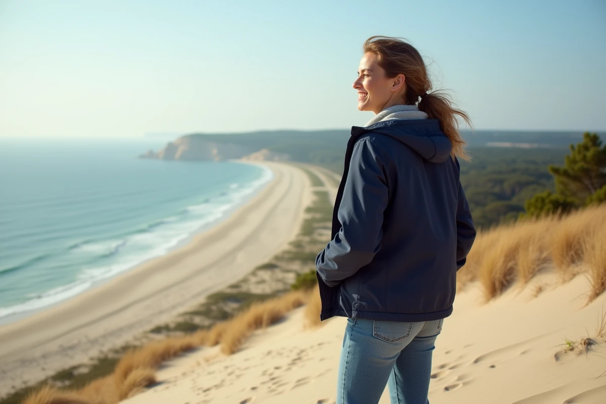 Femme souriante sur la Dune du Pilat face à l'océan