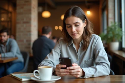 Femme consultant son smartphone dans un café européen, illustrant l'utilisation d'une eSIM de voyage comme Saily à l'étranger