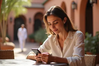 Femme consultant son forfait mobile sur smartphone dans un café traditionnel de Marrakech au Maroc