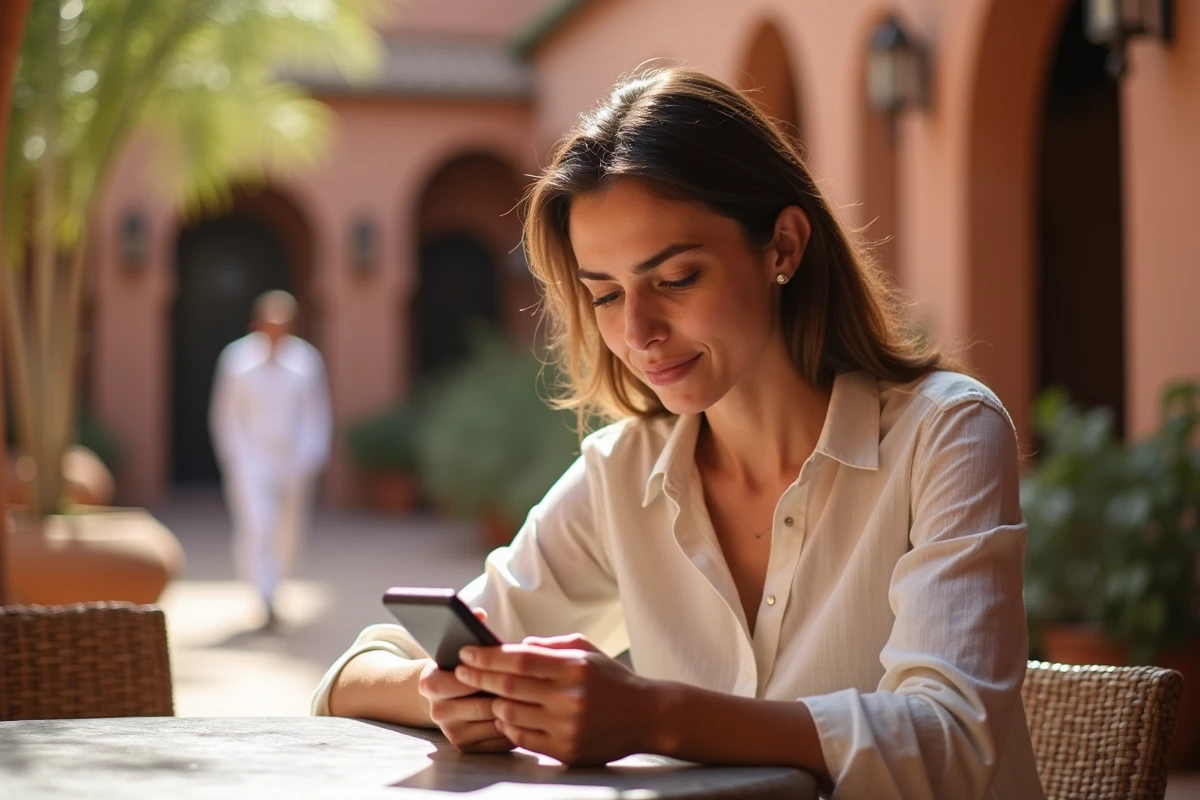 Femme consultant son forfait mobile sur smartphone dans un café traditionnel de Marrakech au Maroc