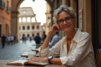 Femme consultant un guide touristique à Rome avec vue sur le Colisée en arrière-plan