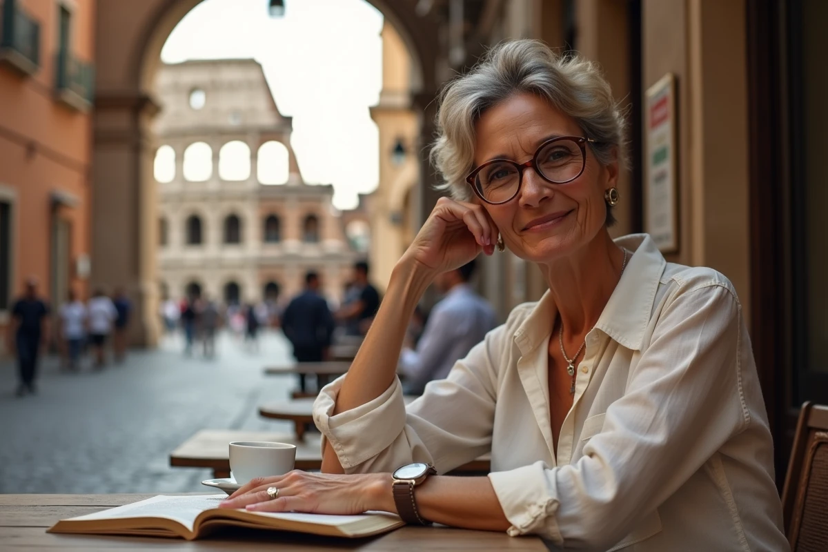 Femme consultant un guide touristique à Rome avec vue sur le Colisée en arrière-plan