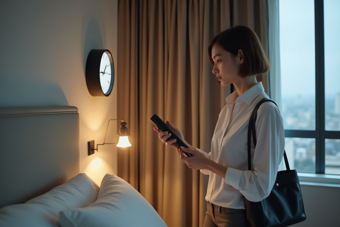 Jeune femme regardant une horloge dans une chambre d'hôtel moderne