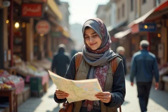 Femme iranienne consultante un plan dans un bazar animé de Hamadan