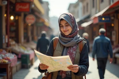 Femme iranienne consultante un plan dans un bazar animé de Hamadan