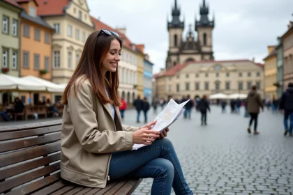 Jeune femme souriante à Prague dans la vieille ville