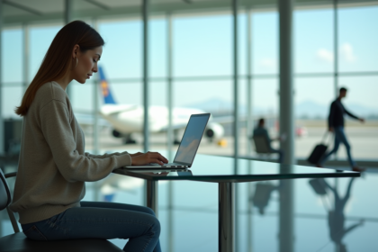 Femme changeant son vol en ligne dans un aéroport lumineux
