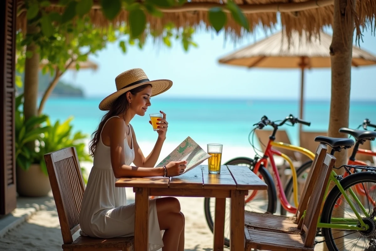 Femme lisant une carte au café face à la mer à Gili Traan