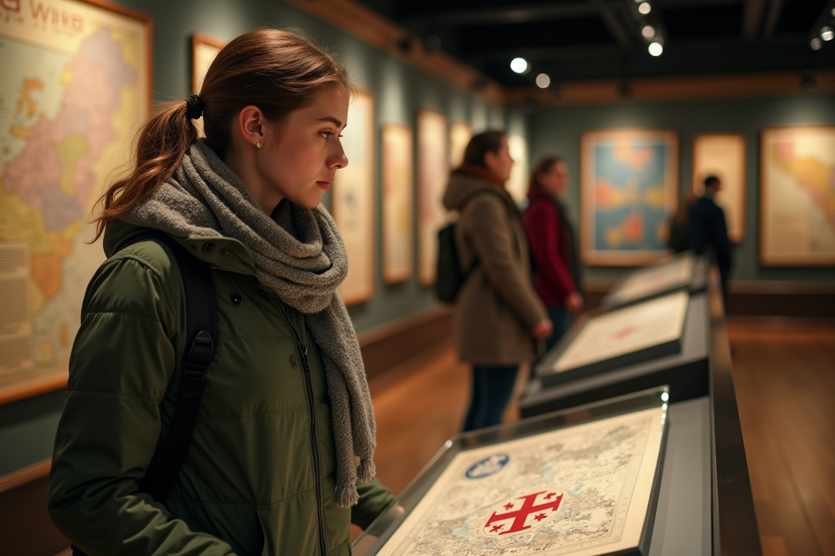 Jeune femme examine un drapeau mercien au musée