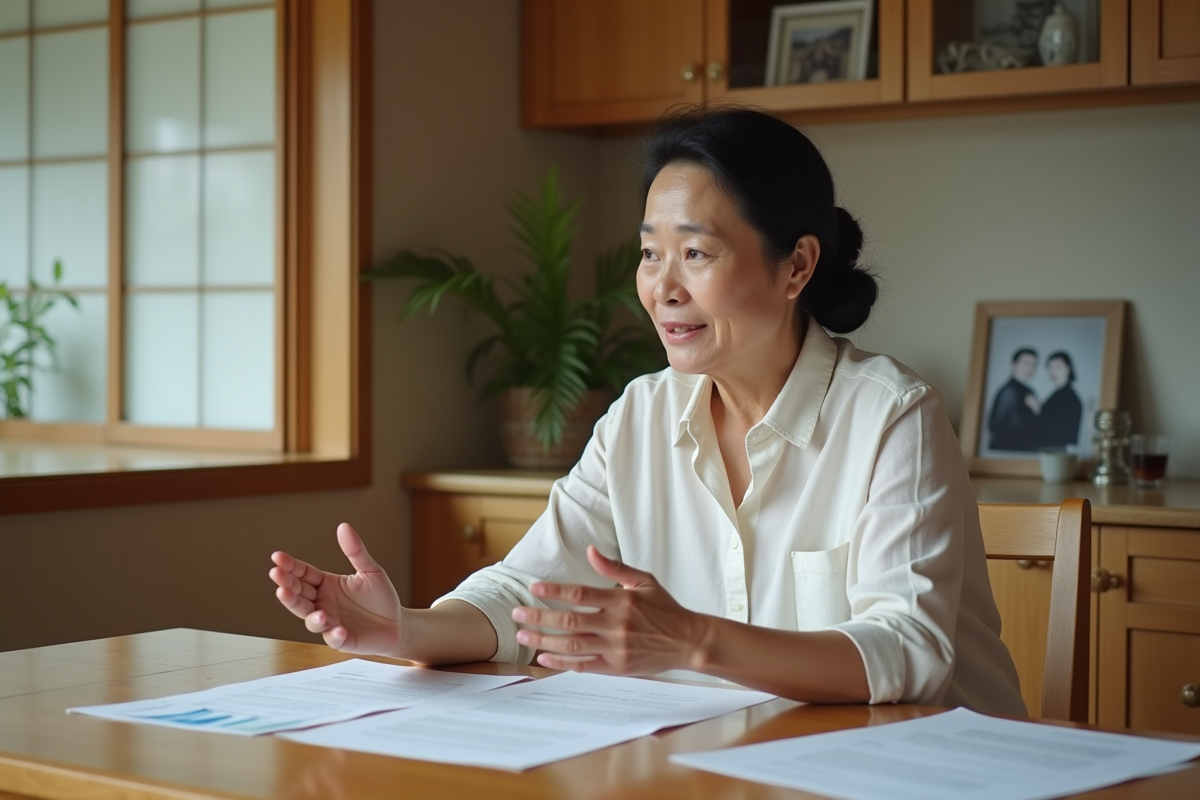 Femme Okinawan discutant de documents immobiliers à la maison