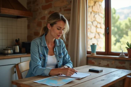 Femme organisée avec documents et carte en cuisine méditerranéenne
