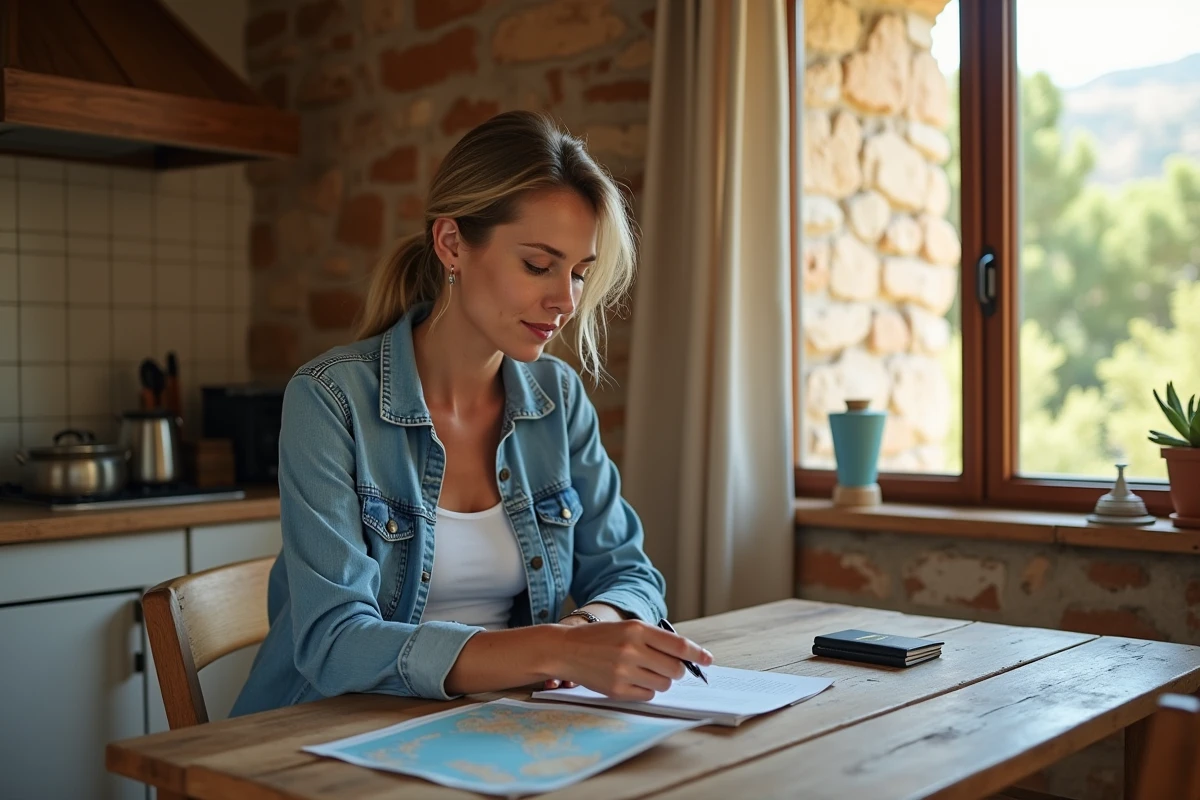 Femme organisée avec documents et carte en cuisine méditerranéenne