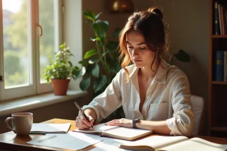 Femme écrivant dans un carnet avec des livres de grammaire française ouverts sur un bureau en bois