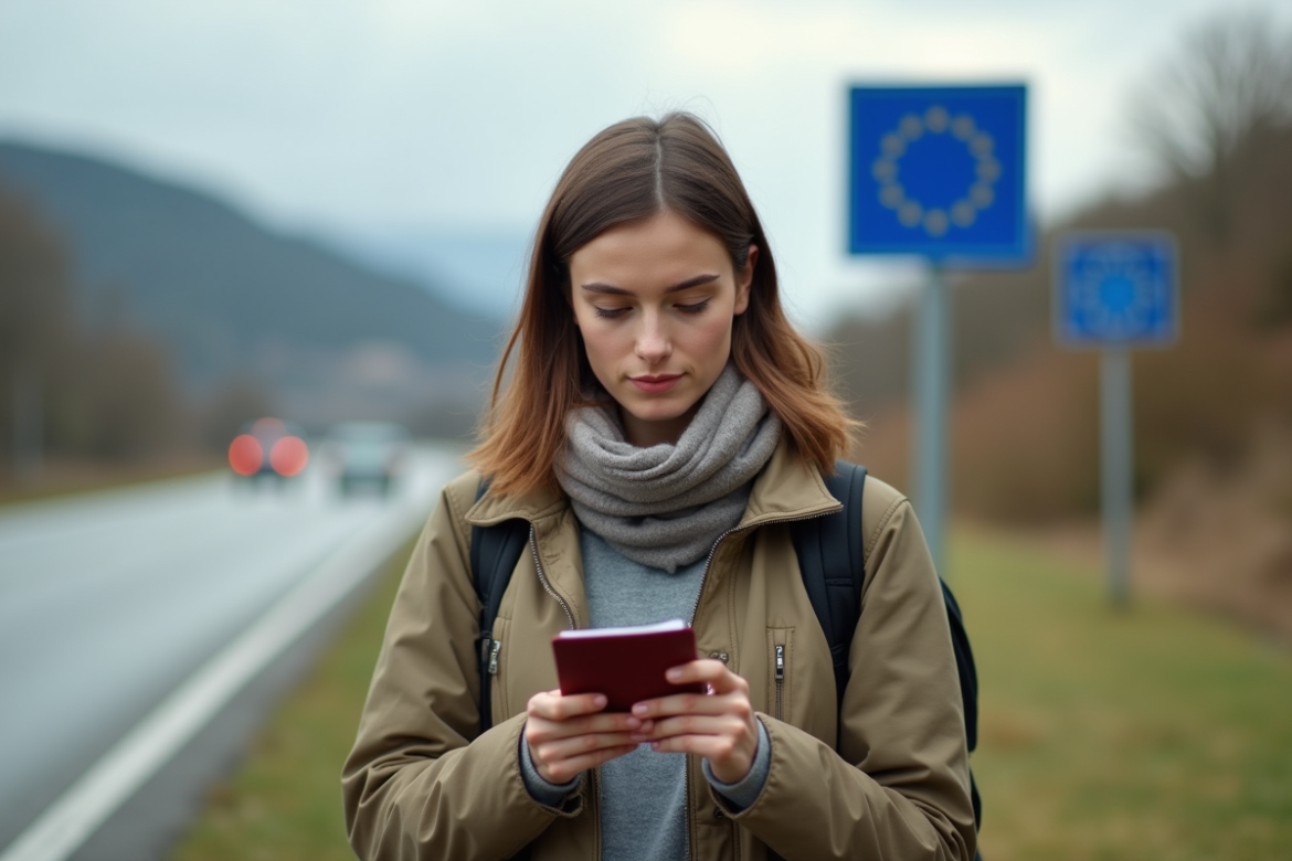 Femme vérifiant son passeport près d'un panneau frontière européen
