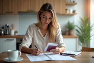 Femme vérifiant ses documents de voyage dans la cuisine