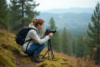Jeune femme en pleine nature ajustant son trépied photo dans un parc