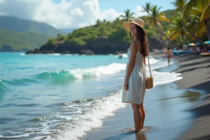Jeune femme en robe légère sur la plage de Réunion