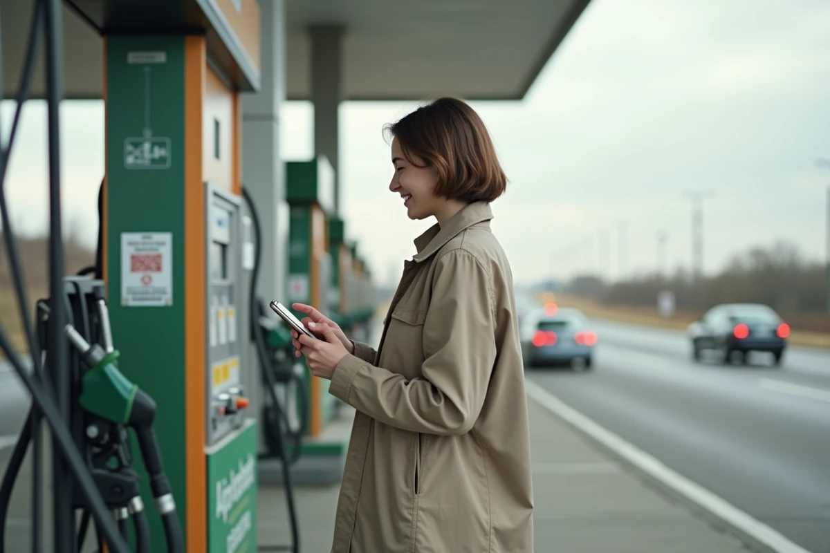 Jeune femme scannant un code QR à la station essence