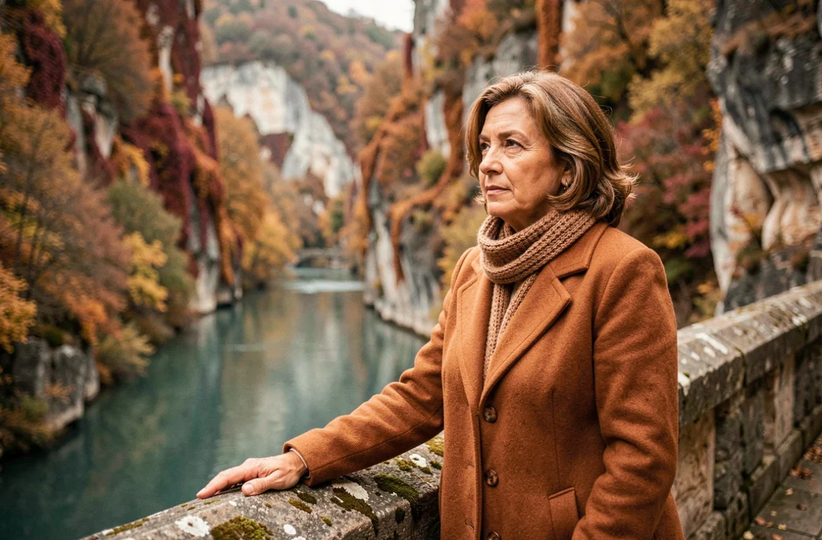 Femme sur un pont en pierre contemplant les gorges de l'Ardèche aux couleurs d'automne