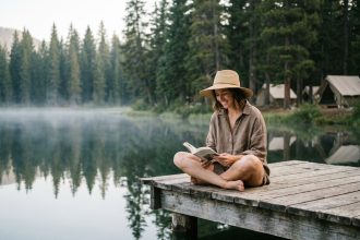 Femme assise sur un ponton en bois au bord d'un lac de montagne calme, entourée de forêt de pins, camping en arrière-plan