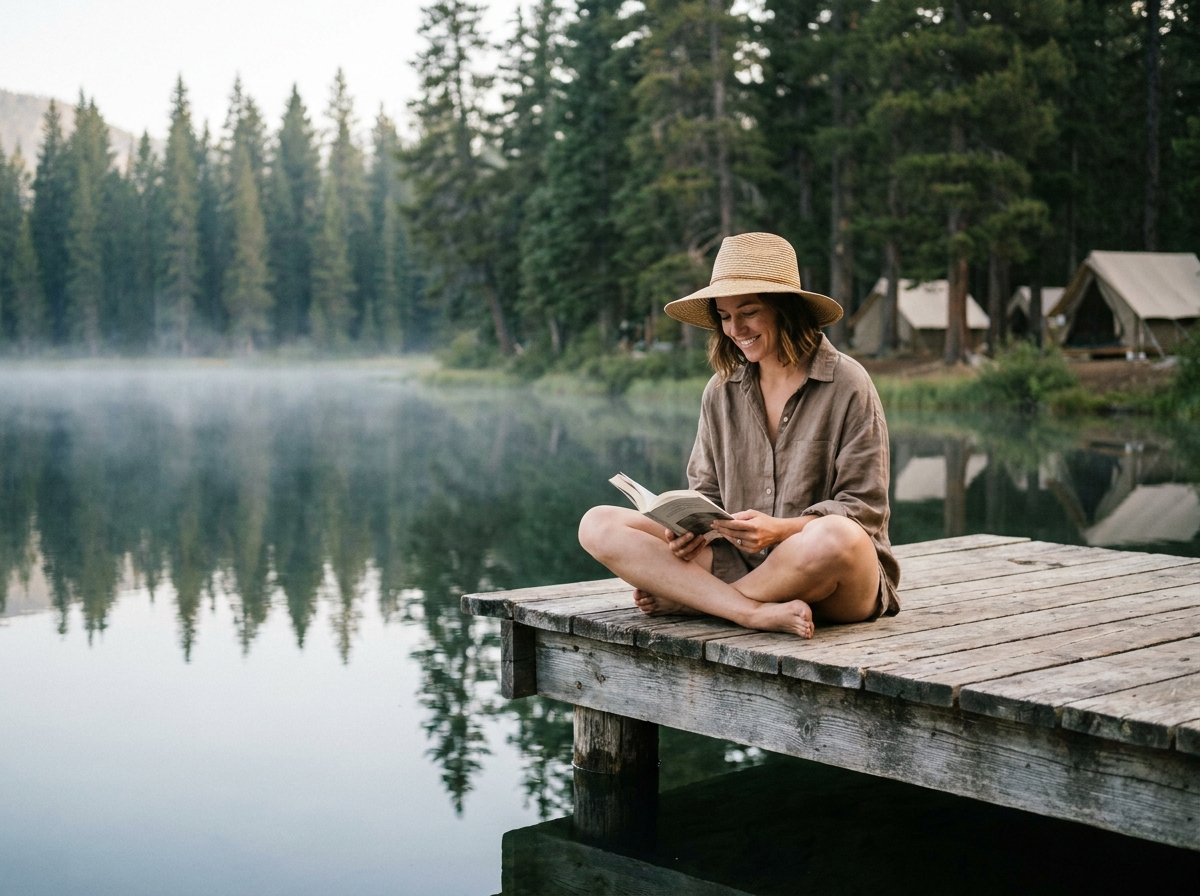 Femme assise sur un ponton en bois au bord d'un lac de montagne calme, entourée de forêt de pins, camping en arrière-plan