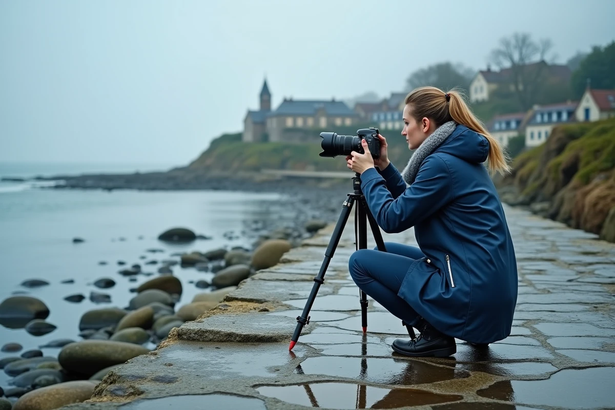 Jeune femme ajustant son appareil photo sur le quai