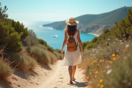 Femme en robe d'été et chapeau de paille en Corse