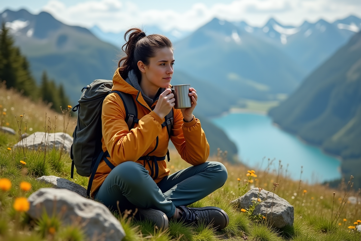 Femme assise dans un pré alpin avec vue sur lac et montagnes