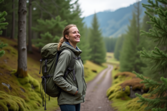 Femme souriante en randonnée dans la forêt