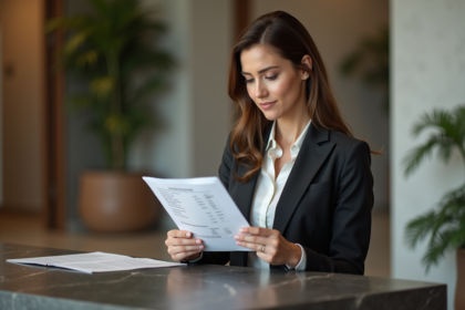 Femme d affaires dans un hall d hotel moderne examine une liste de prix
