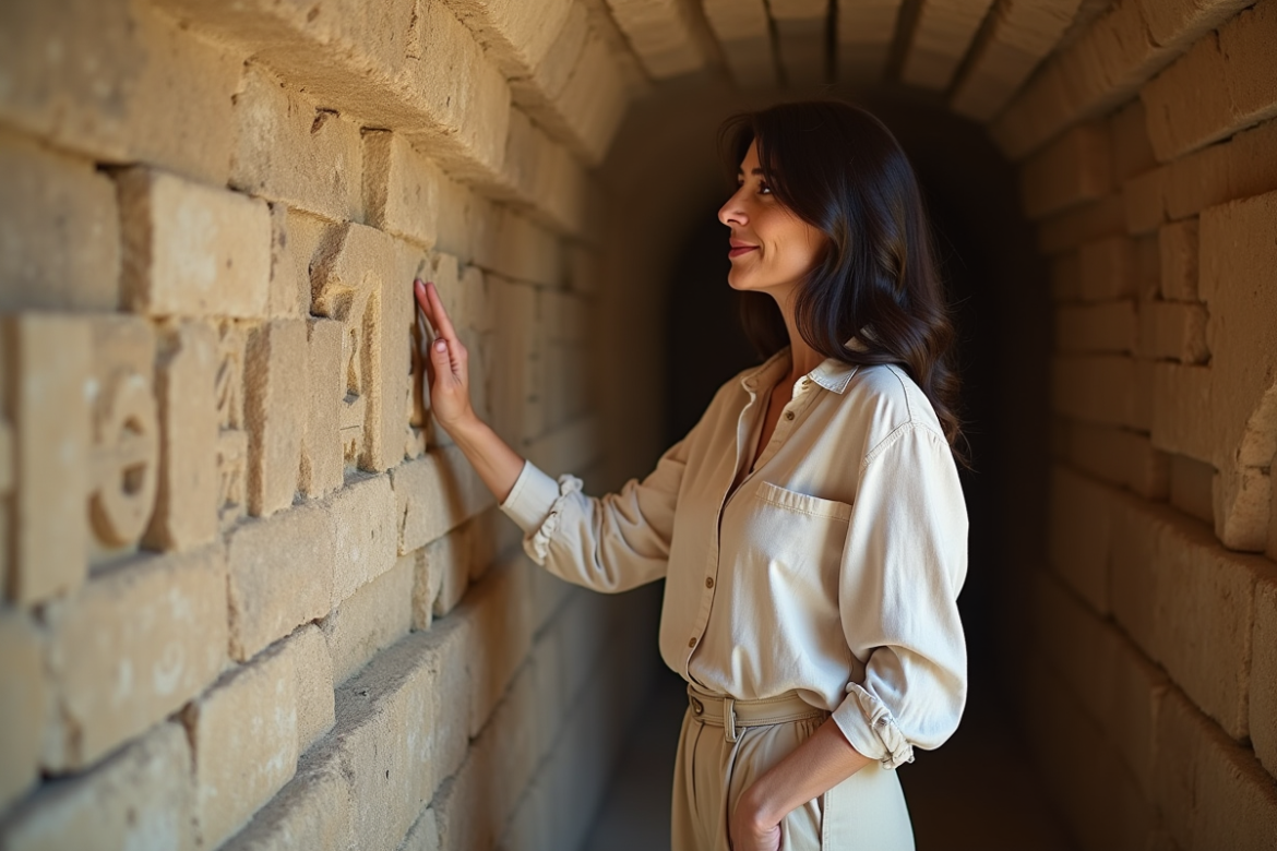 Femme contemplant gravures dans les ruines antiques