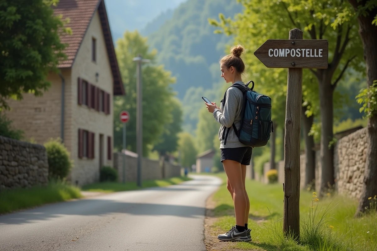 Jeune femme vérifiant panneau de randonnée Compostelle