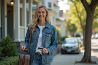 Femme souriante en denim devant une maison de Staten Island