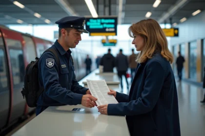 Femme en trench bleu à la gare SNCF avec formulaire perdu