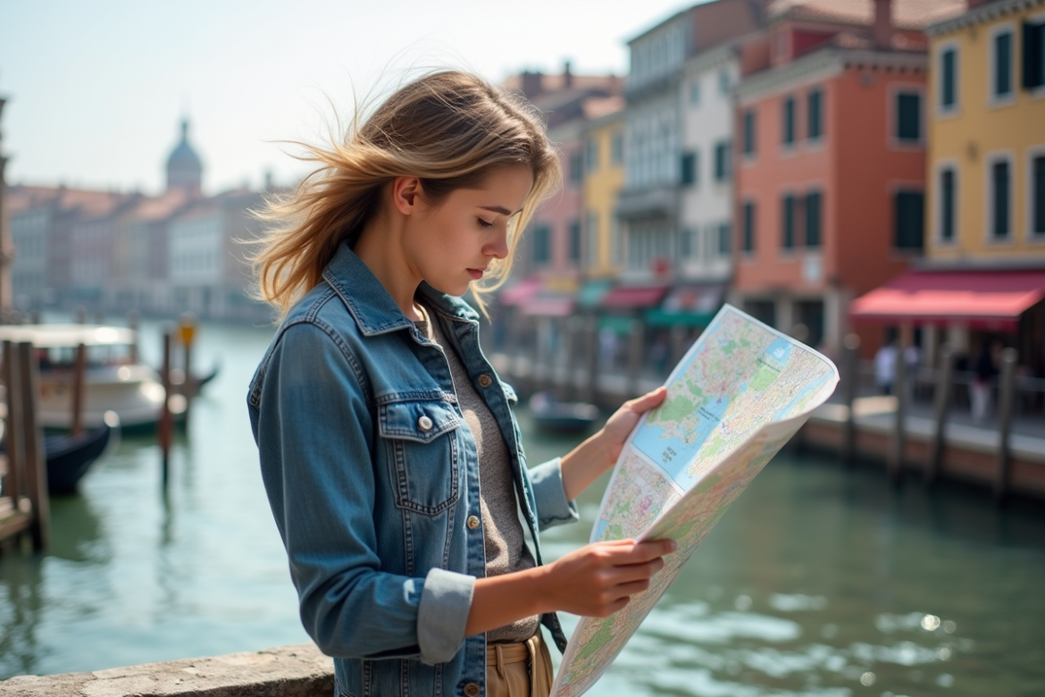 Femme étudie une carte de transport à Venise