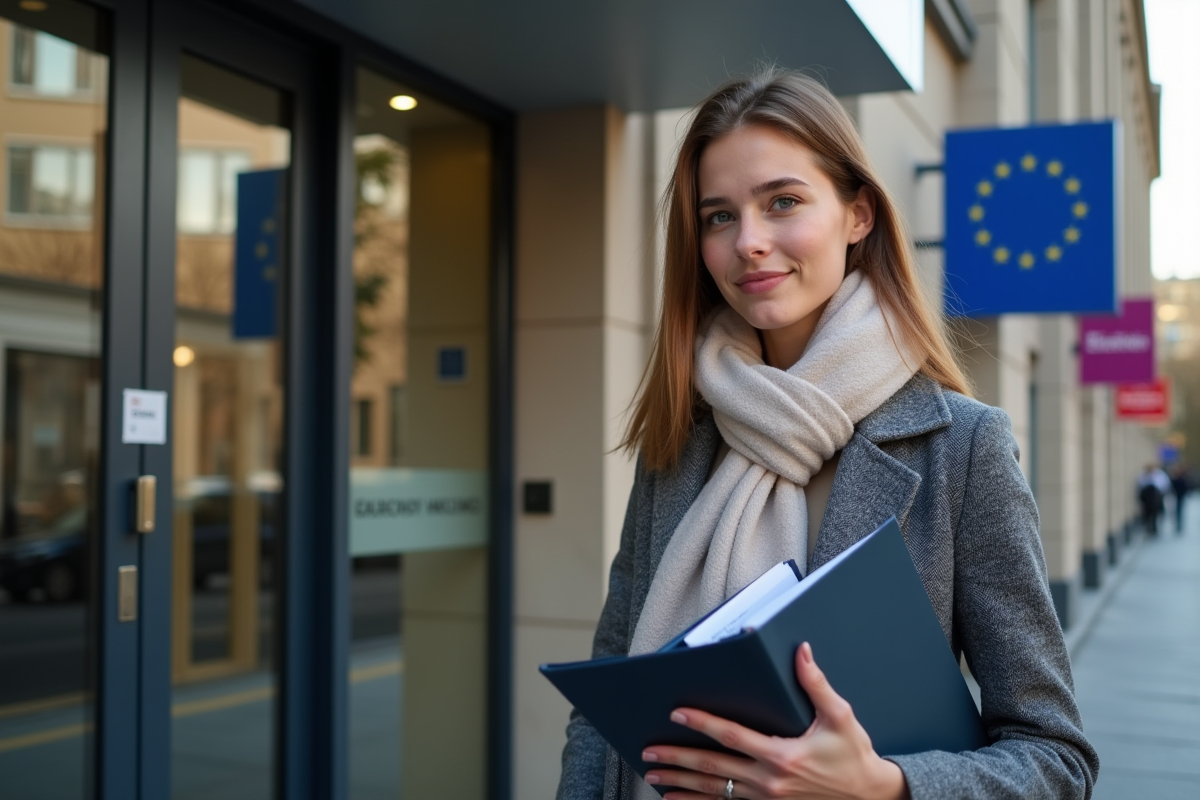 Jeune femme avec dossier de visa devant une ambassade européenne