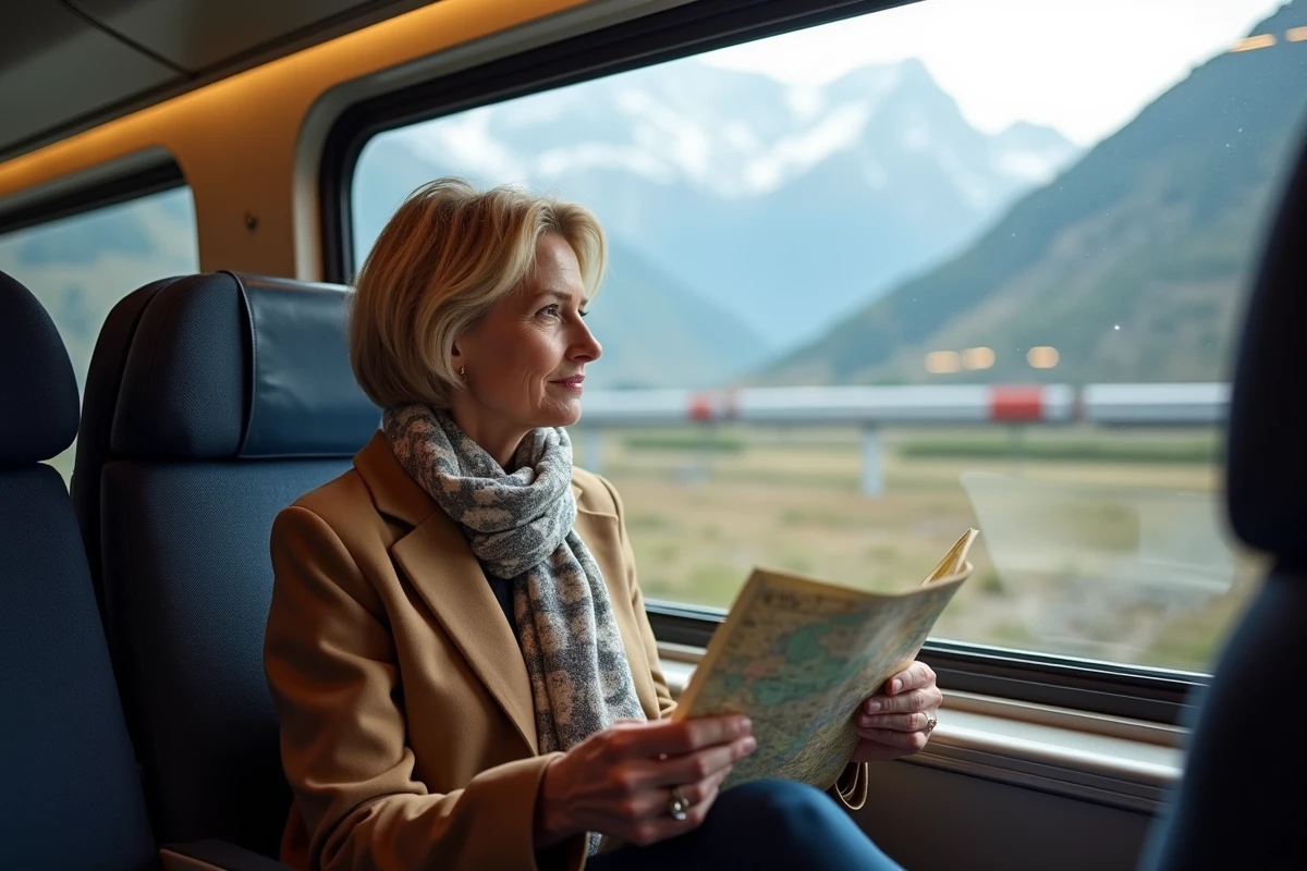 Femme contemplant le paysage alpin depuis un train en route vers l